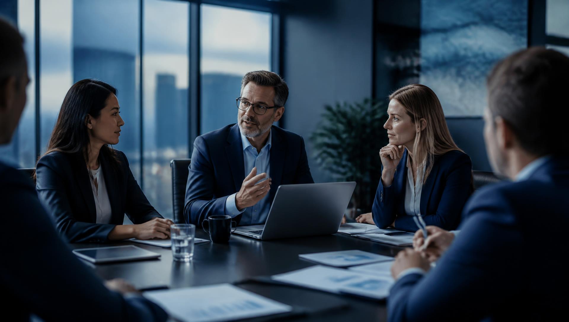 Business leaders discussing growth and sales strategy around a boardroom table